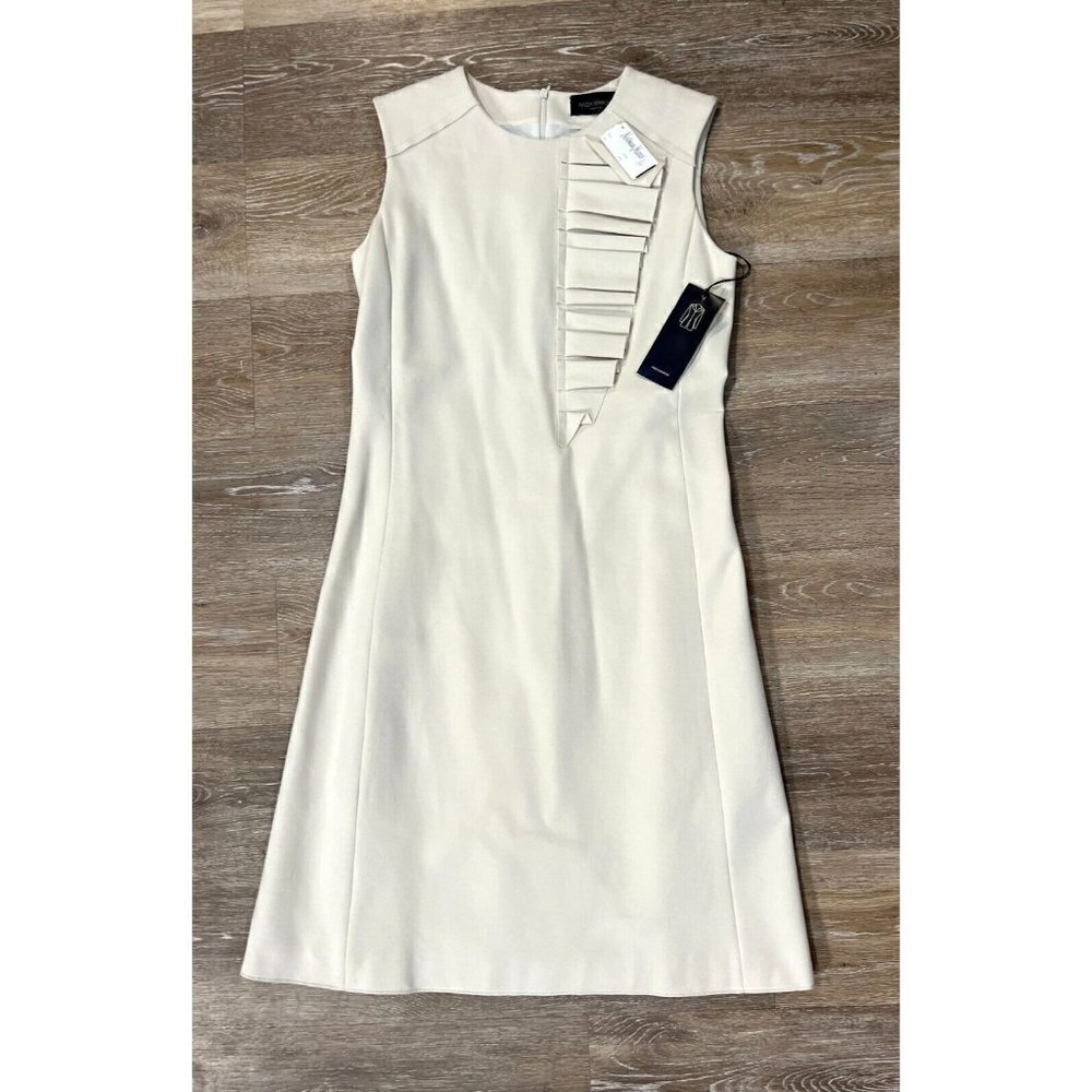 Piazza Sempione Sz 8 Cream Pleated Ruffle Ponte Knit Sheath Dress It 42 Nwt New